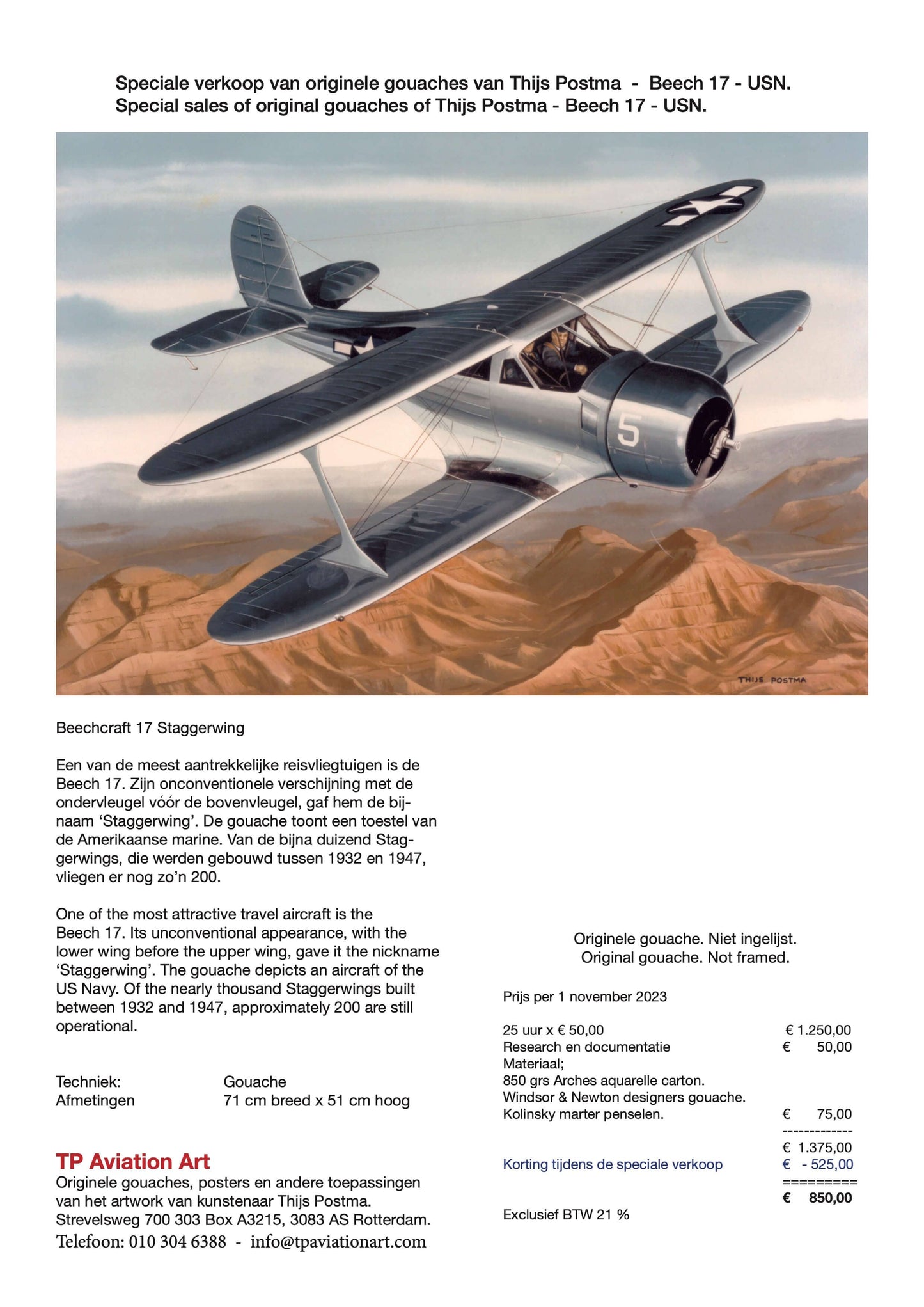 Thijs Postma - Original Painting - Beechcraft 17 Staggerwing USN Original Painting TP Aviation Art