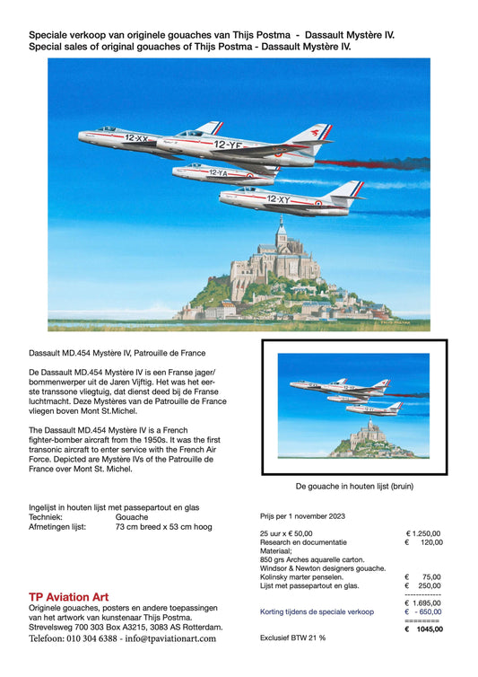 Thijs Postma - Original Painting - Dassault Mystère IV Patrouille de France Original Painting TP Aviation Art