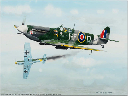 Thijs Postma - Original Painting - Supermarine Spitfire Vb versus Messerschmitt Bf 109E Original Painting TP Aviation Art