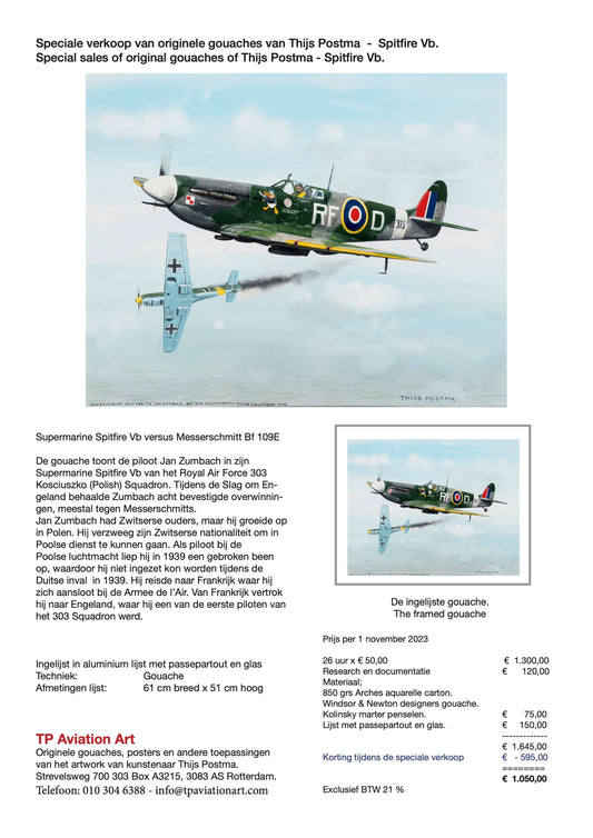 Thijs Postma - Original Painting - Supermarine Spitfire Vb versus Messerschmitt Bf 109E Original Painting TP Aviation Art