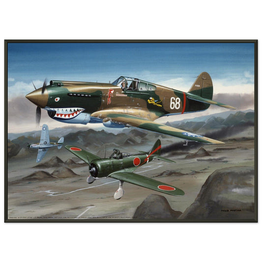 Thijs Postma - Poster - Curtiss P-40B Shooting Down a Japanese Ki-27 Otsu - Metal Frame Poster - Metal Frame TP Aviation Art 50x70 cm / 20x28″