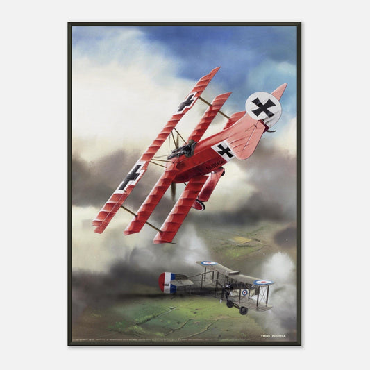 Thijs Postma - Poster - Fokker Dr.I Shooting Down A De Havilland DH.2 In 1916 - Metal Frame Poster - Metal Frame TP Aviation Art 50x70 cm / 20x28″