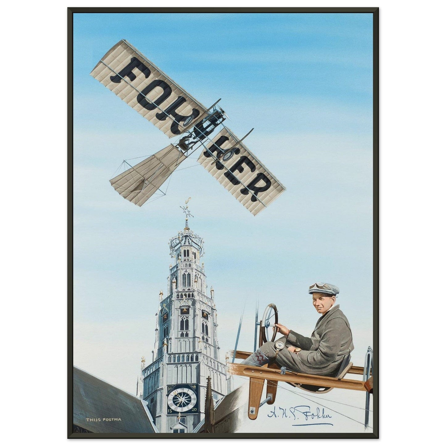 Thijs Postma - Poster - Fokker Spin No. 3 Haarlem Bavo Tower - Metal Frame Poster - Metal Frame TP Aviation Art 50x70 cm / 20x28″