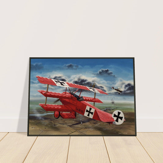 Thijs Postma - Poster - The Red Baron In His Fokker Dr.I Hunting For SE-5As - Metal Frame Poster - Metal Frame TP Aviation Art
