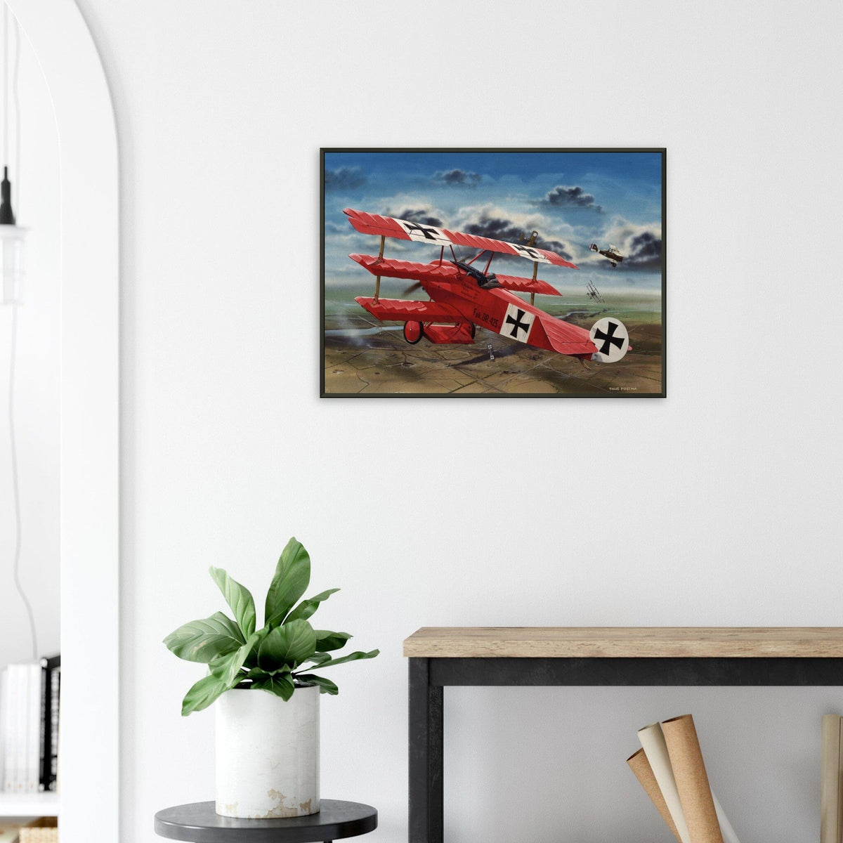 Thijs Postma - Poster - The Red Baron In His Fokker Dr.I Hunting For SE-5As - Metal Frame Poster - Metal Frame TP Aviation Art