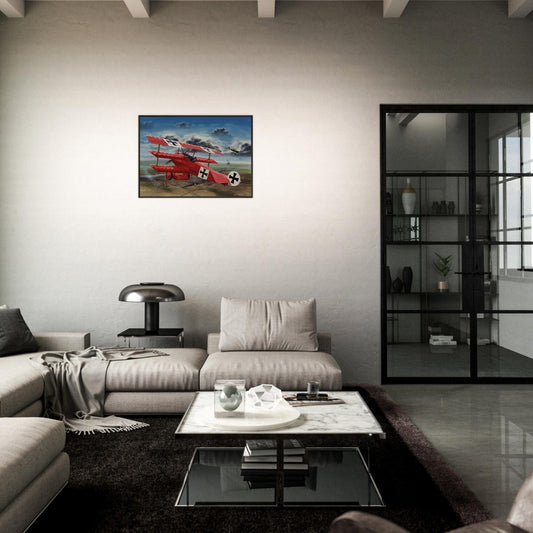 Thijs Postma - Poster - The Red Baron In His Fokker Dr.I Hunting For SE-5As - Metal Frame Poster - Metal Frame TP Aviation Art