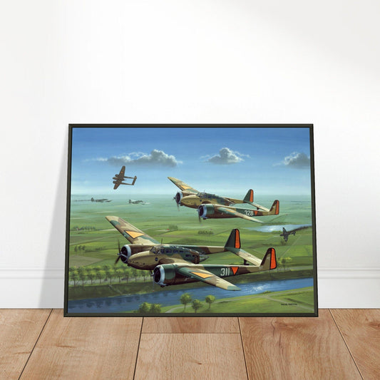 Thijs Postma - Poster - Three Fokker G.I’s Downing German Invaders - Metal Frame Poster - Metal Frame TP Aviation Art