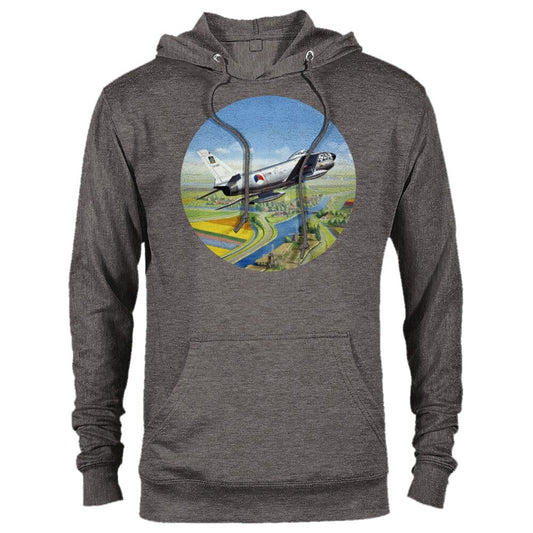 Thijs Postma - Hoodie - North American F-86K Sabre Over Dutch Landscape - Premium Unisex Pullover Hoodie TP Aviation Art Charcoal Heather XS