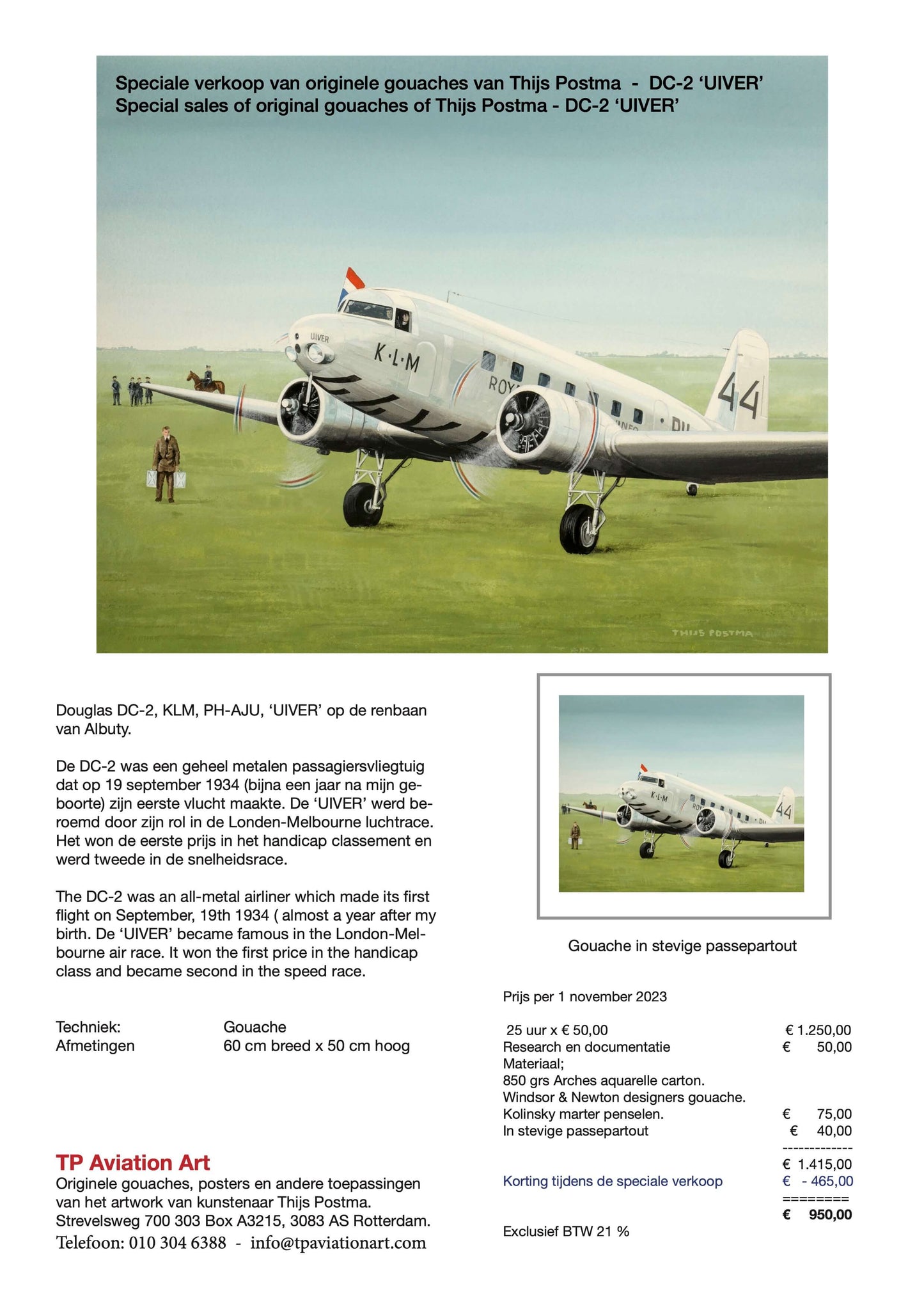 Thijs Postma - Original Painting - Douglas DC-2 Uiver Albury Racetrack Original Painting TP Aviation Art