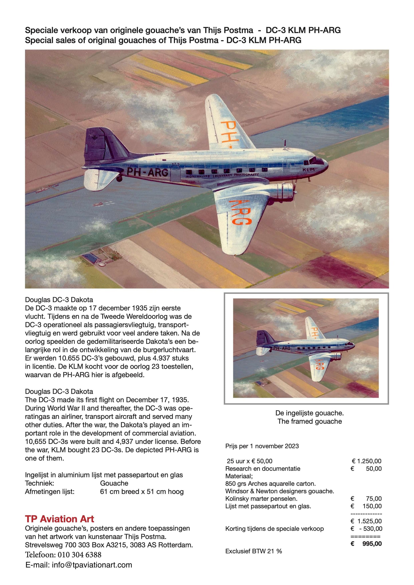 Thijs Postma - Original Painting - Douglas DC-3 KLM PH-ARG Original Painting TP Aviation Art