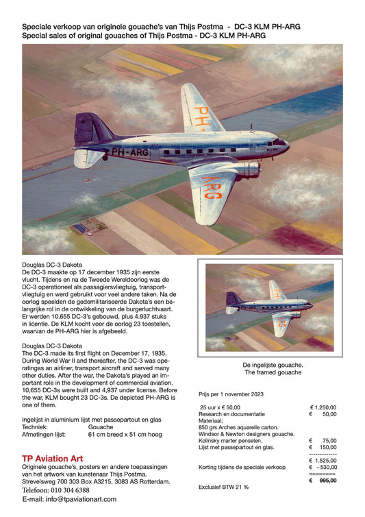 Thijs Postma - Original Painting - Douglas DC-3 KLM PH-ARG Original Painting TP Aviation Art