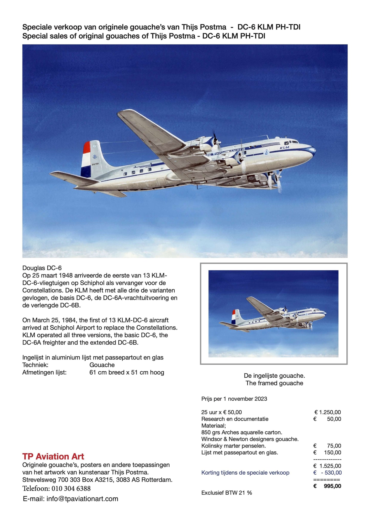 Thijs Postma - Original Painting - Douglas DC-6 KLM PH-TDI Original Painting TP Aviation Art