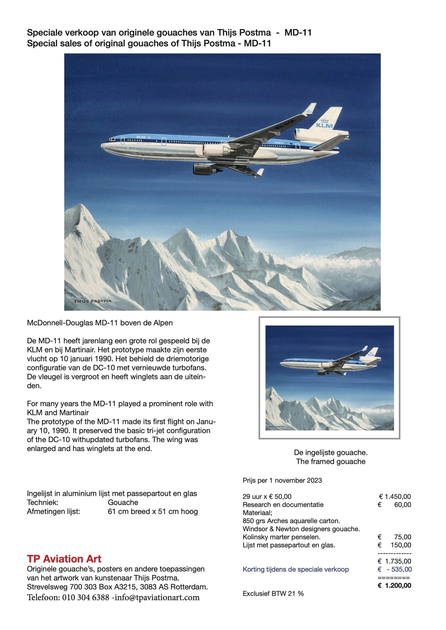 Thijs Postma - Original Painting - Douglas MD-11 Flying Over Snowy Alps Original Painting TP Aviation Art