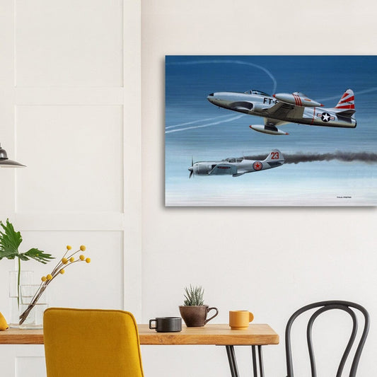 Thijs Postma - Poster - Aluminum - Lockheed P-80 Shooting A Lavochkin La-9 Over Korea - Brushed Brushed Aluminum Print TP Aviation Art