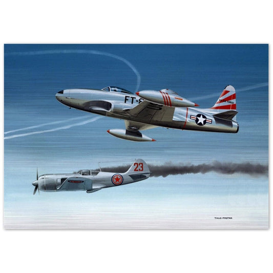 Thijs Postma - Poster - Aluminum - Lockheed P-80 Shooting A Lavochkin La-9 Over Korea - Brushed Brushed Aluminum Print TP Aviation Art