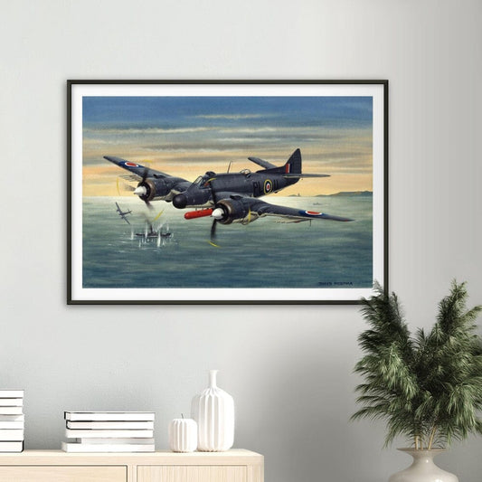 Thijs Postma - Poster - Bristol Beaufighter T.F. Mk.10 Attacking German Ships - Metal Frame Poster - Metal Frame TP Aviation Art