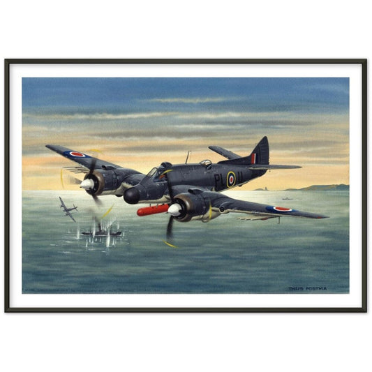 Thijs Postma - Poster - Bristol Beaufighter T.F. Mk.10 Attacking German Ships - Metal Frame Poster - Metal Frame TP Aviation Art