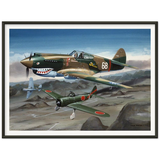 Thijs Postma - Poster - Curtiss P-40B Shooting Down a Japanese Ki-27 Otsu - Metal Frame Poster - Metal Frame TP Aviation Art