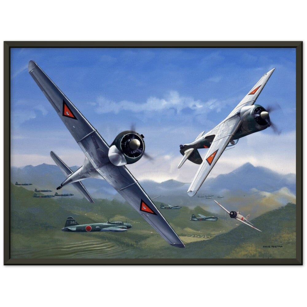 Thijs Postma - Poster - Curtiss-Wright CW-21 Demon Interceptors Hitting Japanese - Metal Frame Poster - Metal Frame TP Aviation Art 45x60 cm / 18x24″ Black