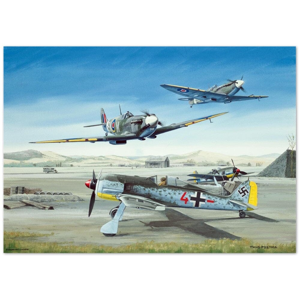 Thijs Postma - Poster - Focke-Wulf Fw 190 With Unexpected Visitors of Spitfires Poster Only TP Aviation Art A2 (42 x 59.4 cm)