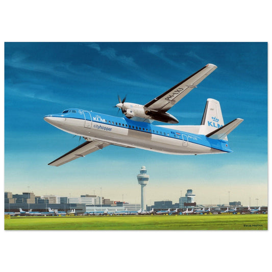 Thijs Postma - Poster - Fokker 50 Cityhopper PH-LXJ KLM At Schiphol Poster Only TP Aviation Art 50x70 cm / 20x28″