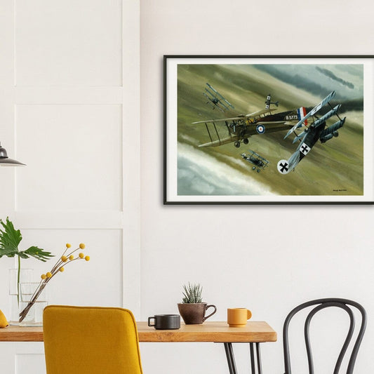 Thijs Postma - Poster - Koolhoven FK.8 On Fire Combating Fokker Dr.I’s - Metal Frame Poster - Metal Frame TP Aviation Art