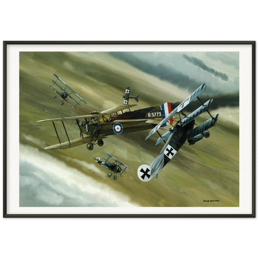 Thijs Postma - Poster - Koolhoven FK.8 On Fire Combating Fokker Dr.I’s - Metal Frame Poster - Metal Frame TP Aviation Art