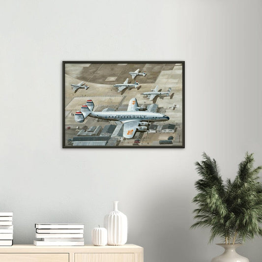 Thijs Postma - Poster - Lockheed L-049 Constellation PH-TAU Low Pass Schiphol 1947 - Metal Frame Poster - Metal Frame TP Aviation Art