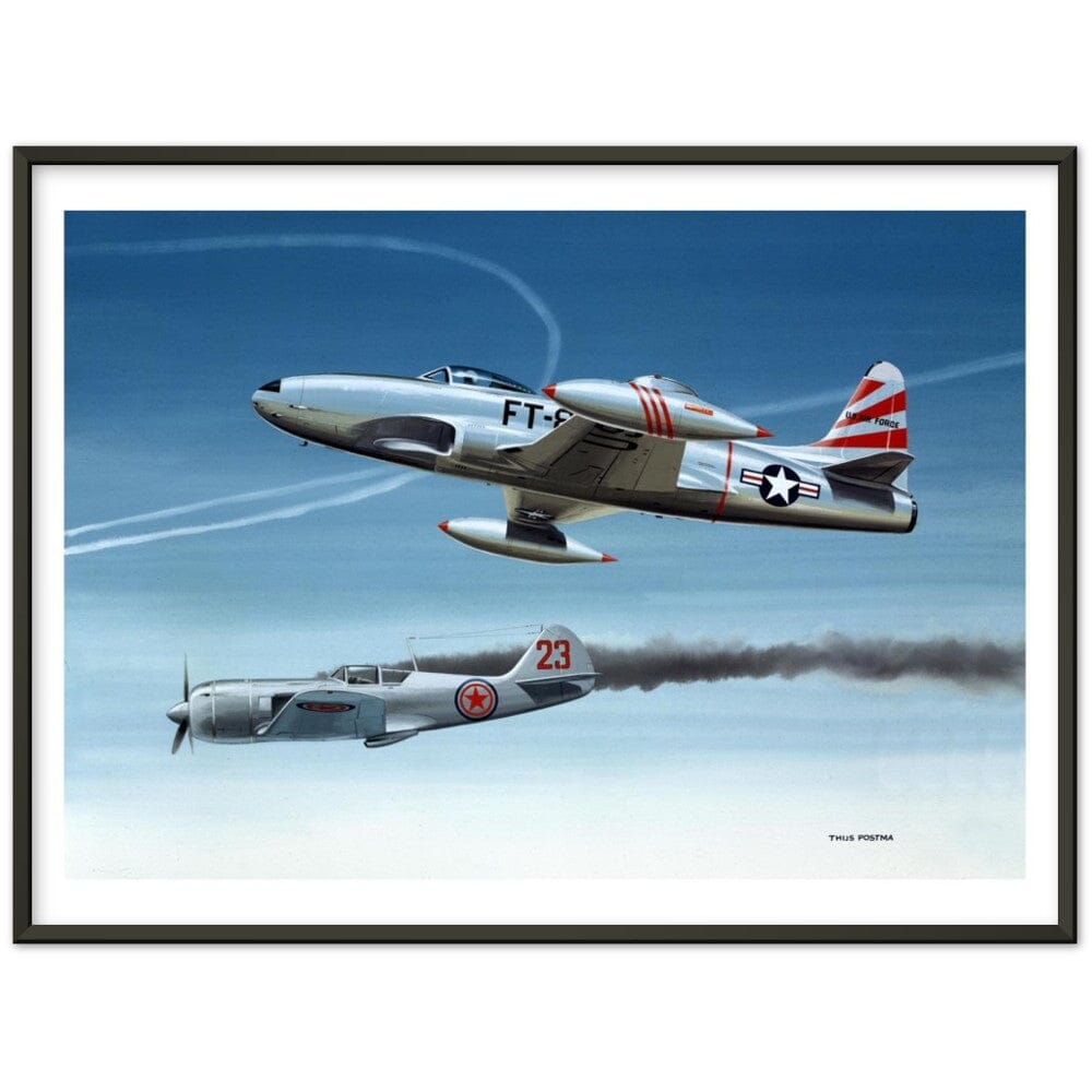 Thijs Postma - Poster - Lockheed P-80 Shooting A Lavochkin La-9 Over Korea - Metal Frame Poster - Metal Frame TP Aviation Art 60x80 cm / 24x32″ Black