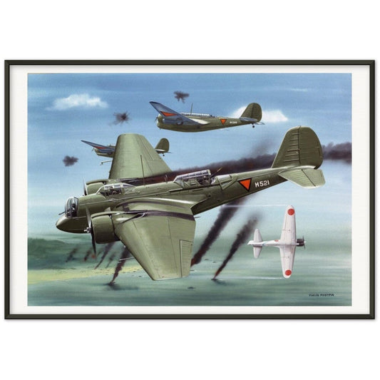 Thijs Postma - Poster - Martin 139 KNIL Attacking Japanese - Metal Frame Poster - Metal Frame TP Aviation Art