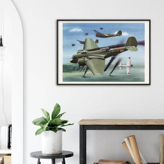 Thijs Postma - Poster - Martin 139 KNIL Attacking Japanese - Metal Frame Poster - Metal Frame TP Aviation Art