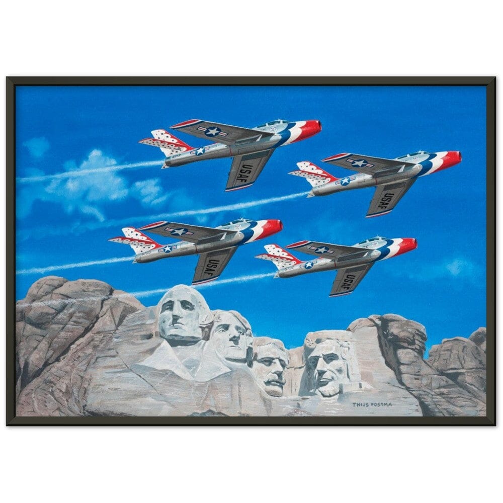 Thijs Postma - Poster - Republic F-84 Thunderbirds At Mount Rushmore - Metal Frame Poster - Metal Frame TP Aviation Art 50x70 cm / 20x28″ Black