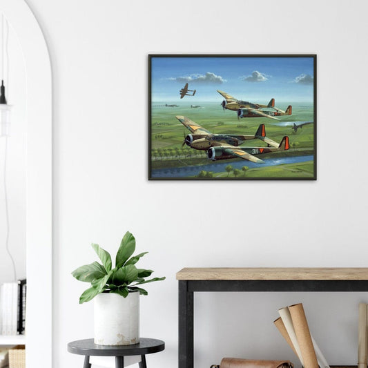 Thijs Postma - Poster - Three Fokker G.I’s Downing German Invaders - Metal Frame Poster - Metal Frame TP Aviation Art