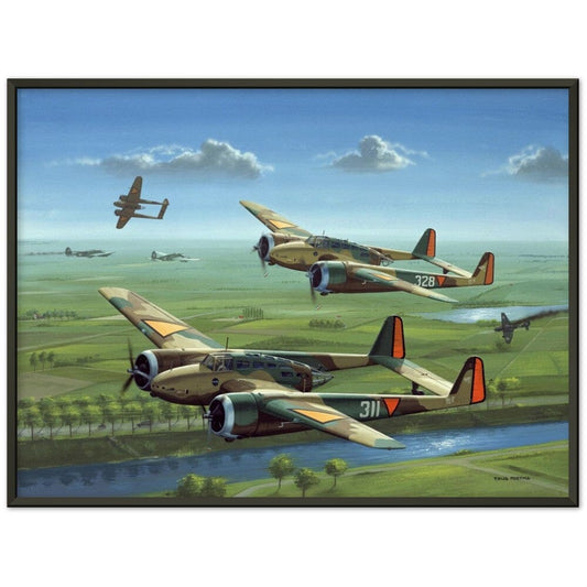 Thijs Postma - Poster - Three Fokker G.I’s Downing German Invaders - Metal Frame Poster - Metal Frame TP Aviation Art