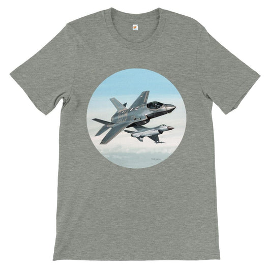 Thijs Postma - T-shirt - Lockheed-Martin F-35 JSF Next To F-16 - Premium Unisex T-shirt TP Aviation Art Athletic Heather S