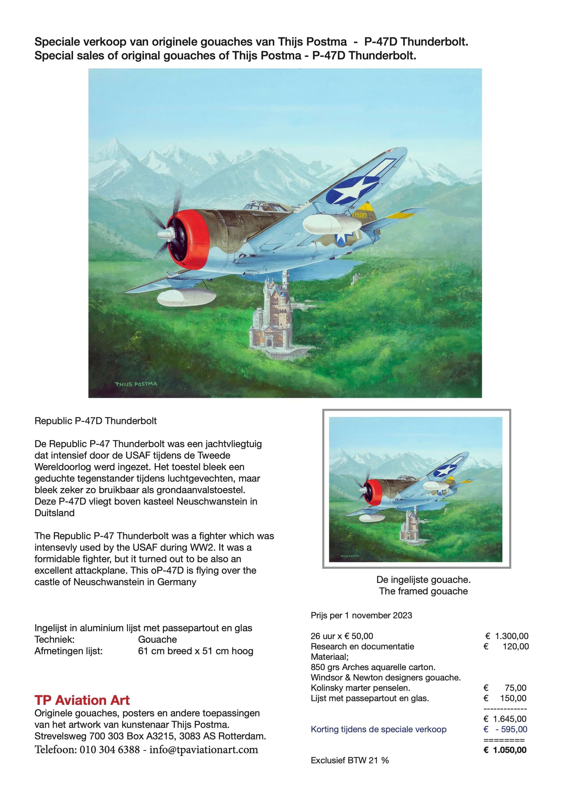 Thijs Postma - Original Painting - Republic P-47D Thunderbolt Over Schloss Neuschwanstein Original Painting TP Aviation Art 