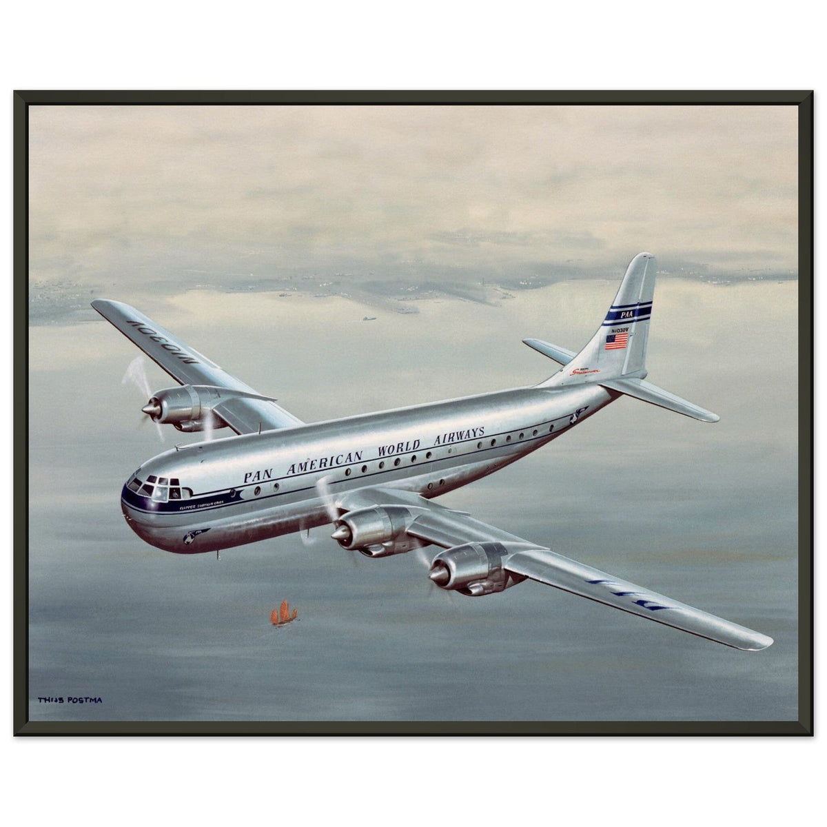 Thijs Postma - Poster - Boeing 377 Stratocruiser In The Far East - Metal Frame Poster - Metal Frame TP Aviation Art 40x50 cm / 16x20″ 
