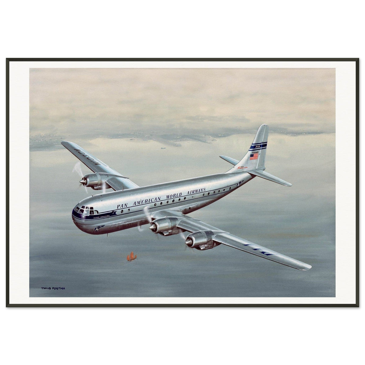 Thijs Postma - Poster - Boeing 377 Stratocruiser In The Far East - Metal Frame Poster - Metal Frame TP Aviation Art 70x100 cm / 28x40″ 