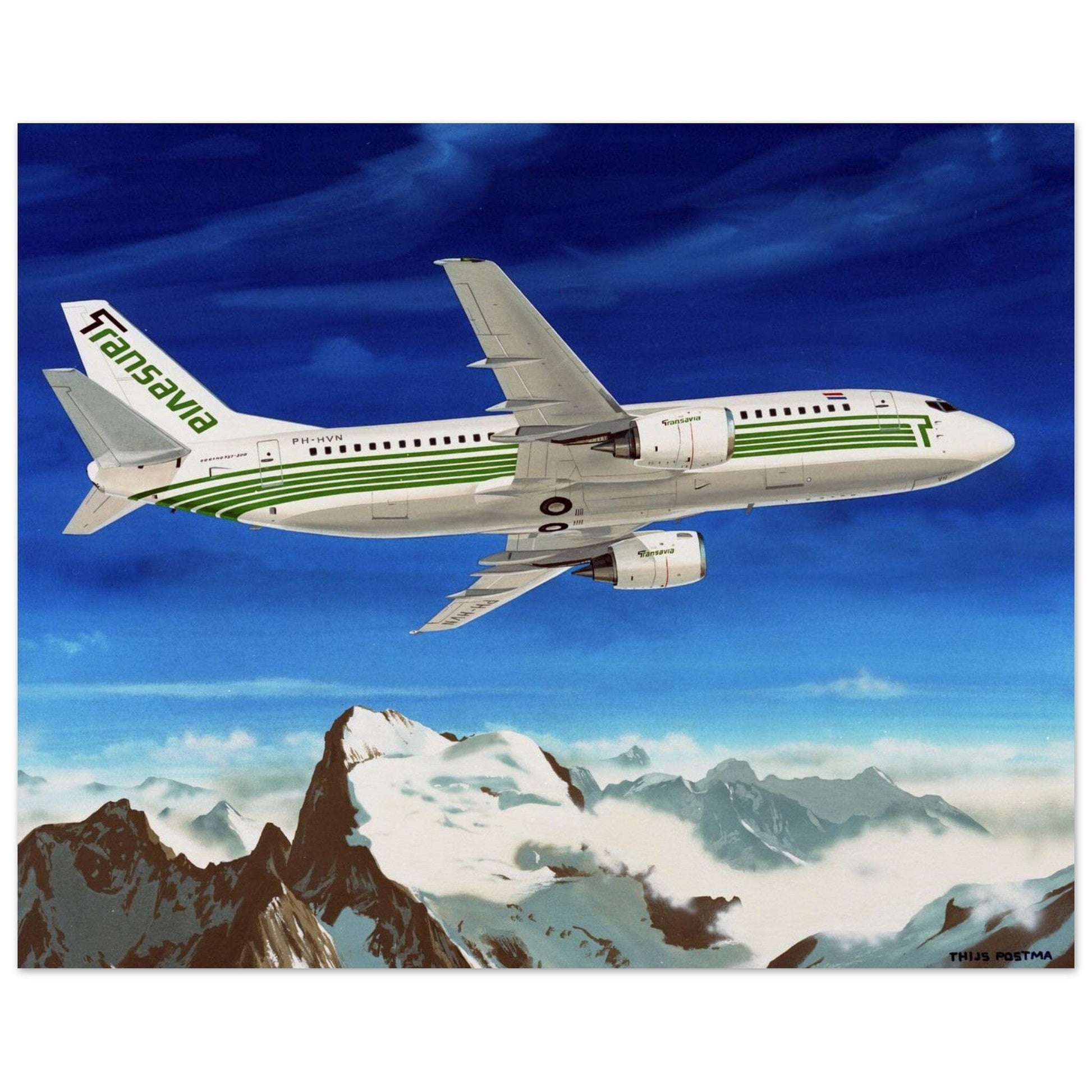 Thijs Postma - Poster - Boeing 737-300 Transavia Over Alps PH-HVN Poster Only TP Aviation Art 40x50 cm / 16x20″ 