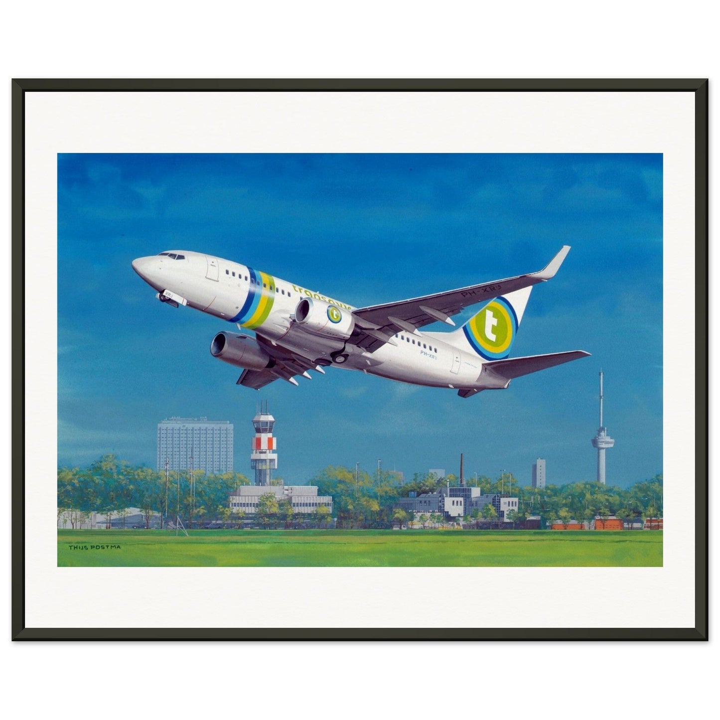 Thijs Postma - Poster - Boeing 737-700 Transavia Taking Off At Rotterdam - Metal Frame Poster - Metal Frame TP Aviation Art 40x50 cm / 16x20″ 