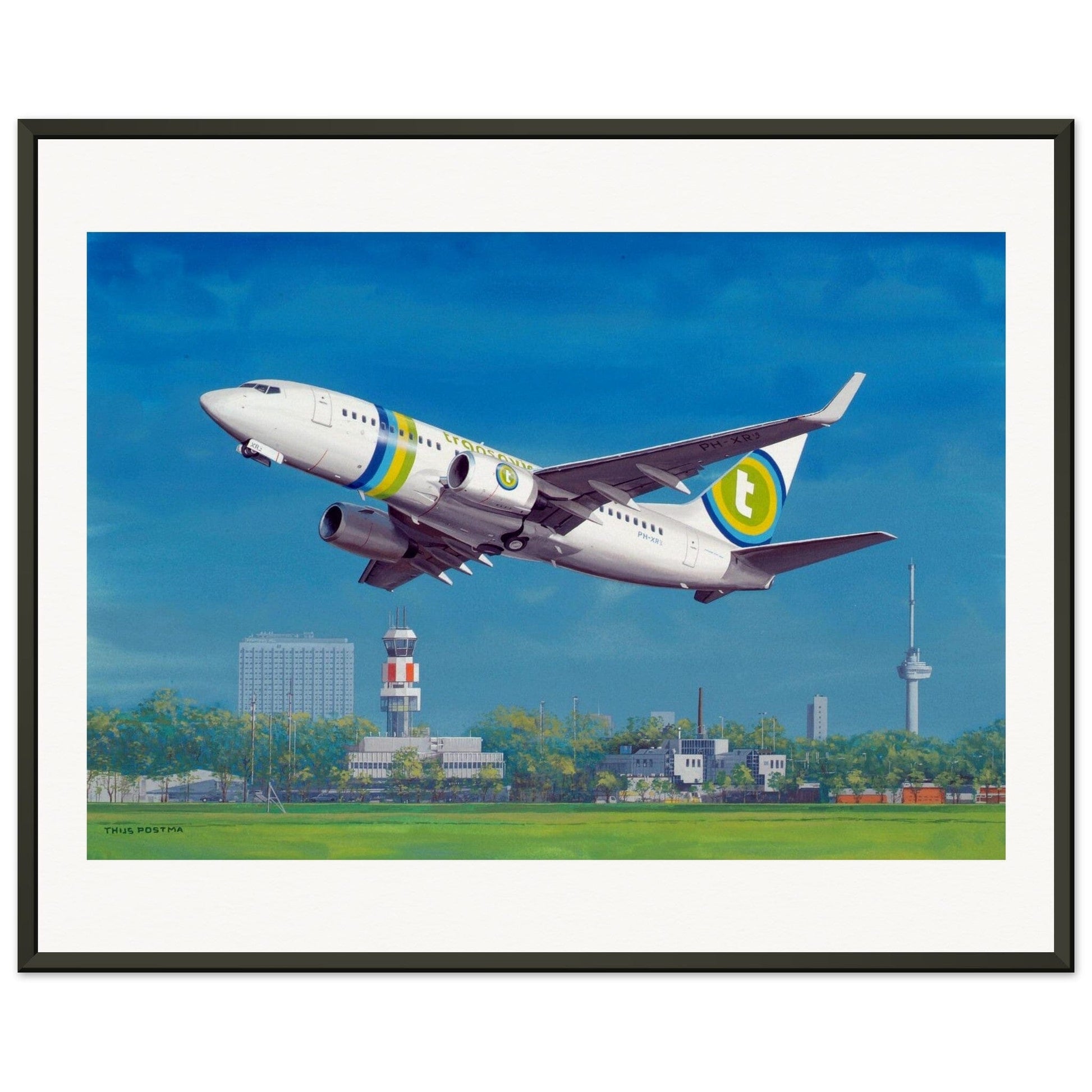 Thijs Postma - Poster - Boeing 737-700 Transavia Taking Off At Rotterdam - Metal Frame Poster - Metal Frame TP Aviation Art 40x50 cm / 16x20″ 