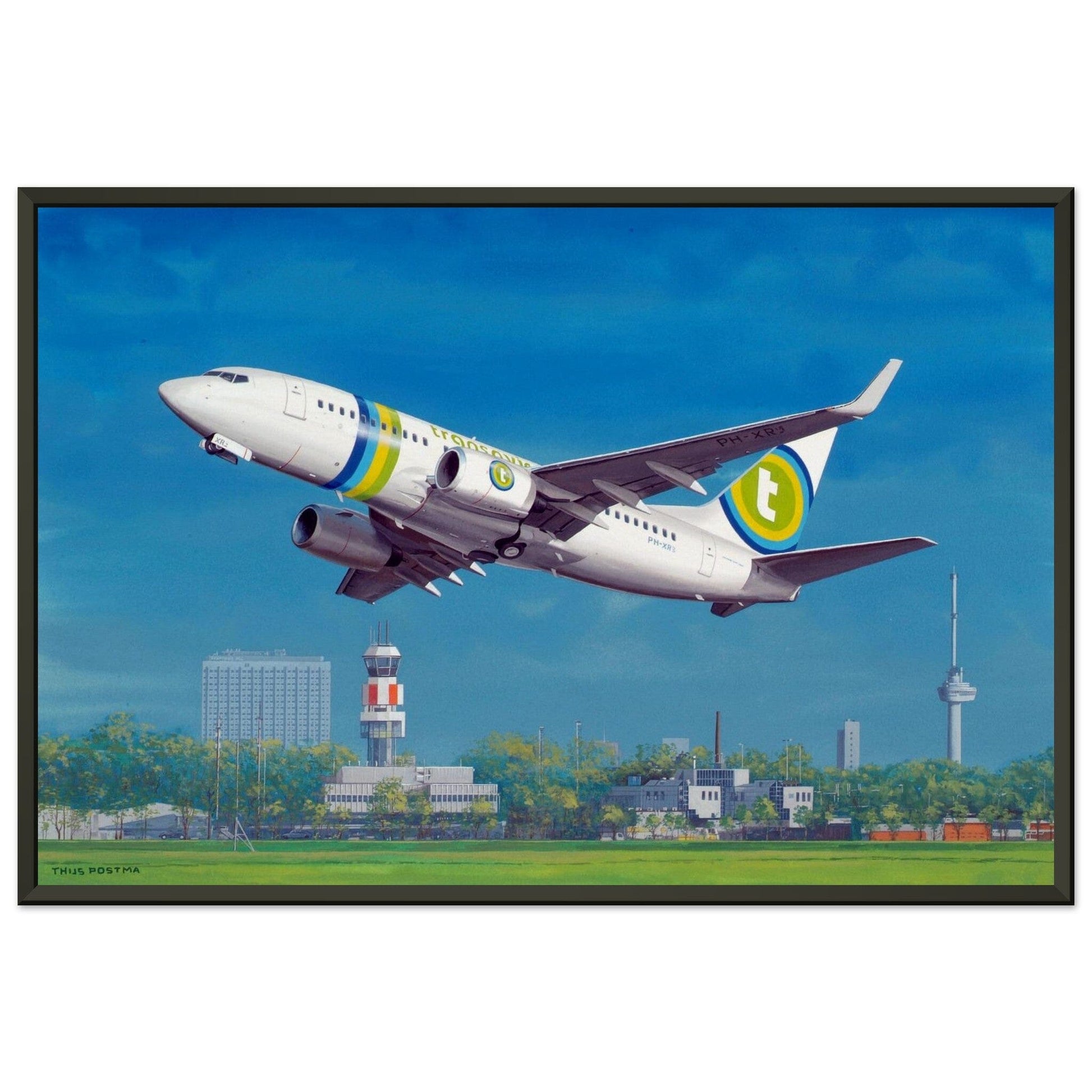 Thijs Postma - Poster - Boeing 737-700 Transavia Taking Off At Rotterdam - Metal Frame Poster - Metal Frame TP Aviation Art 40x60 cm / 16x24″ 