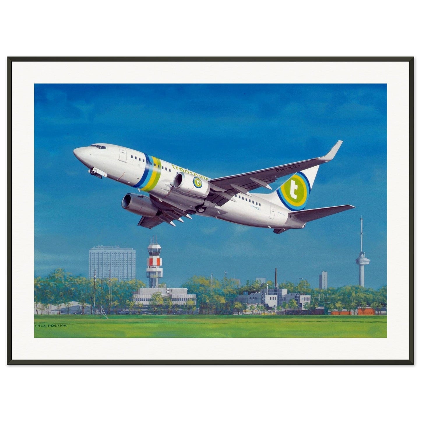 Thijs Postma - Poster - Boeing 737-700 Transavia Taking Off At Rotterdam - Metal Frame Poster - Metal Frame TP Aviation Art 60x80 cm / 24x32″ 