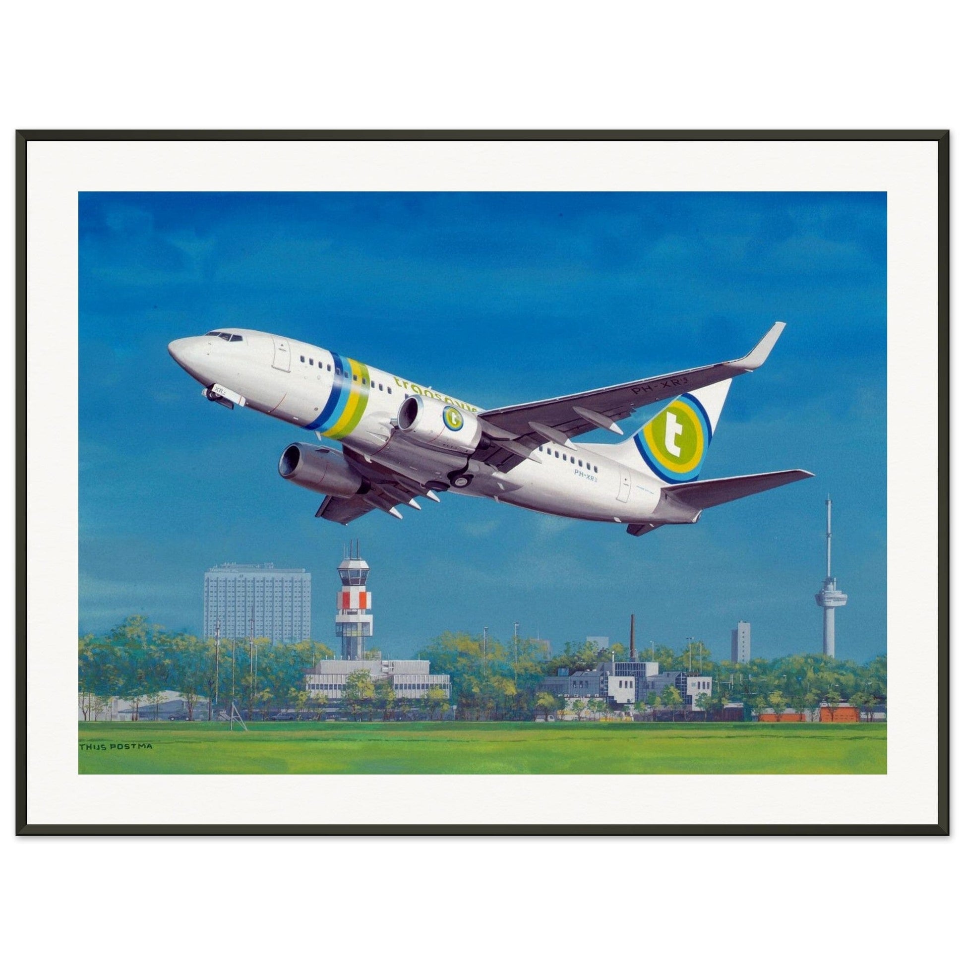 Thijs Postma - Poster - Boeing 737-700 Transavia Taking Off At Rotterdam - Metal Frame Poster - Metal Frame TP Aviation Art 60x80 cm / 24x32″ 