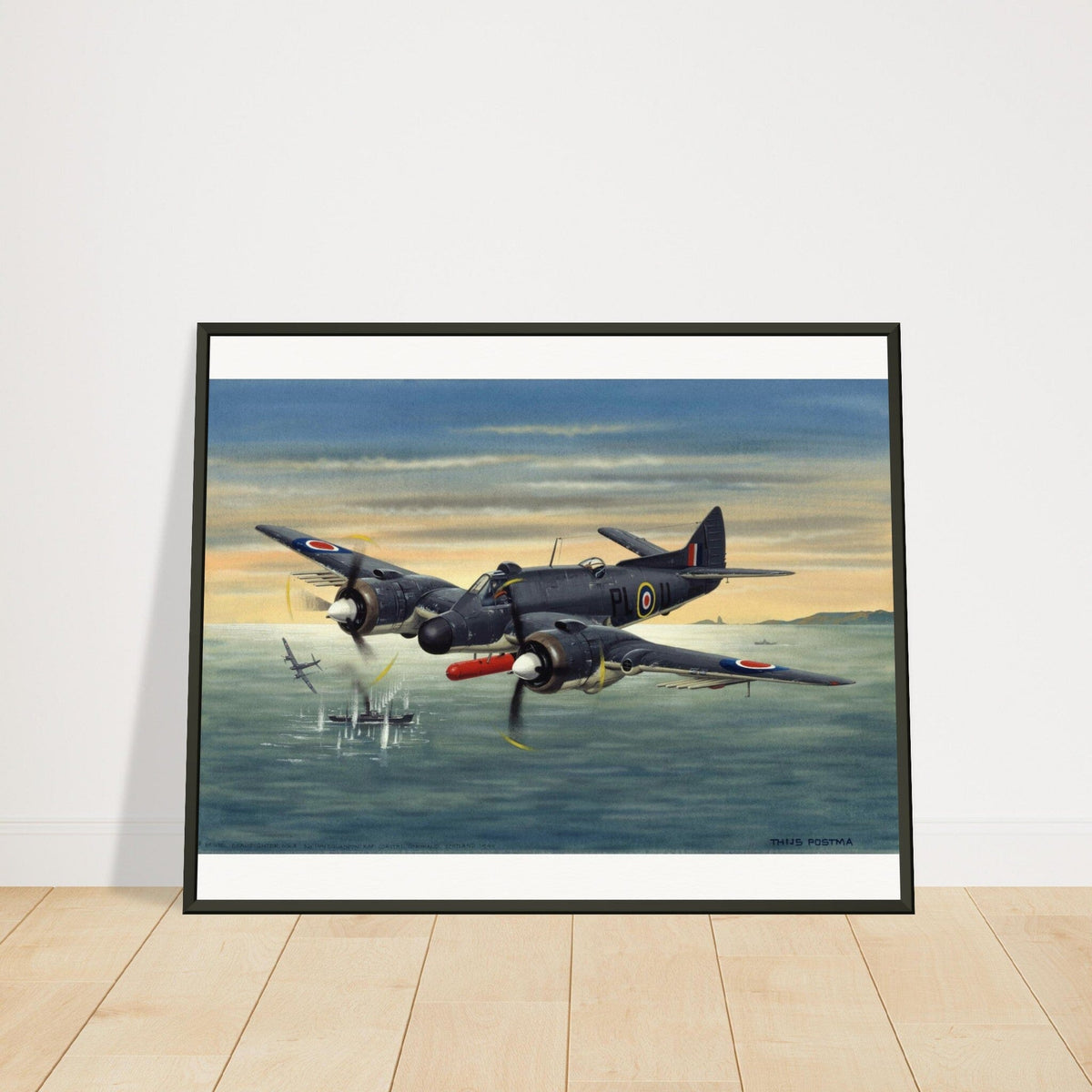 Thijs Postma - Poster - Bristol Beaufighter T.F. Mk.10 Attacking German Ships - Metal Frame Poster - Metal Frame TP Aviation Art 