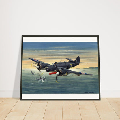 Thijs Postma - Poster - Bristol Beaufighter T.F. Mk.10 Attacking German Ships - Metal Frame Poster - Metal Frame TP Aviation Art 