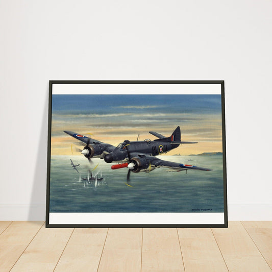 Thijs Postma - Poster - Bristol Beaufighter T.F. Mk.10 Attacking German Ships - Metal Frame Poster - Metal Frame TP Aviation Art 