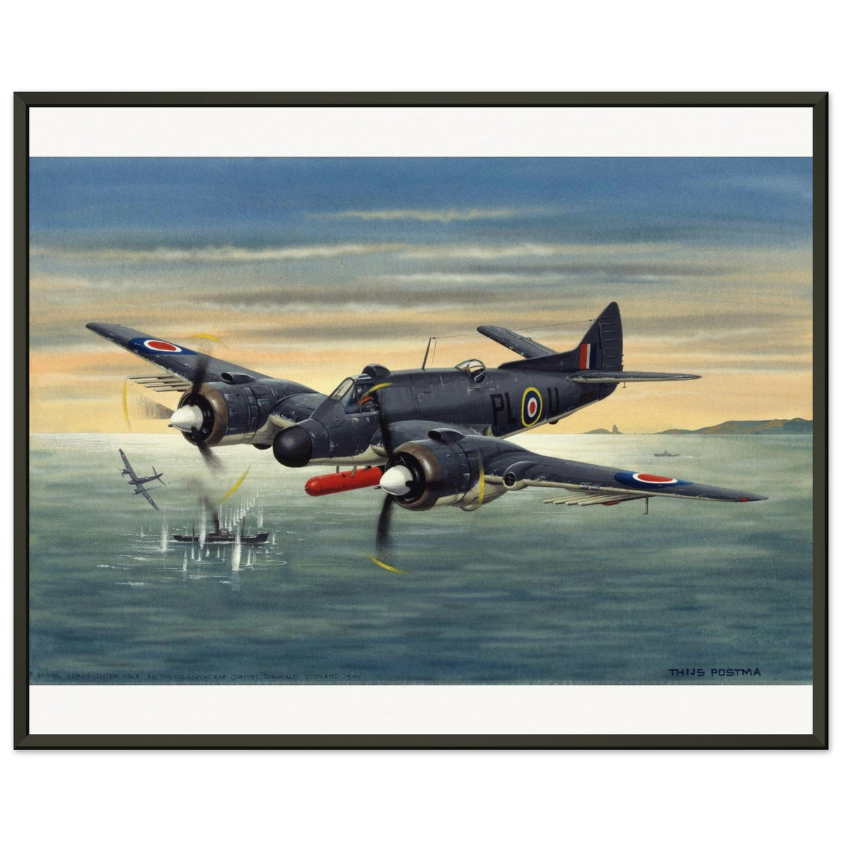 Thijs Postma - Poster - Bristol Beaufighter T.F. Mk.10 Attacking German Ships - Metal Frame Poster - Metal Frame TP Aviation Art 40x50 cm / 16x20″ 