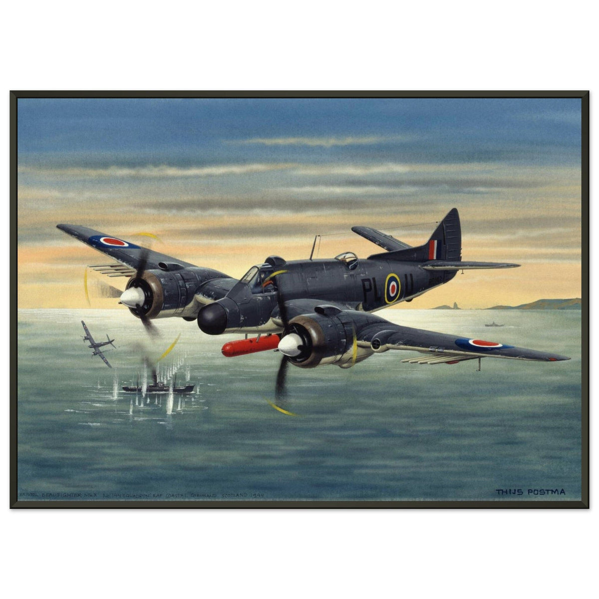 Thijs Postma - Poster - Bristol Beaufighter T.F. Mk.10 Attacking German Ships - Metal Frame Poster - Metal Frame TP Aviation Art 50x70 cm / 20x28″ 