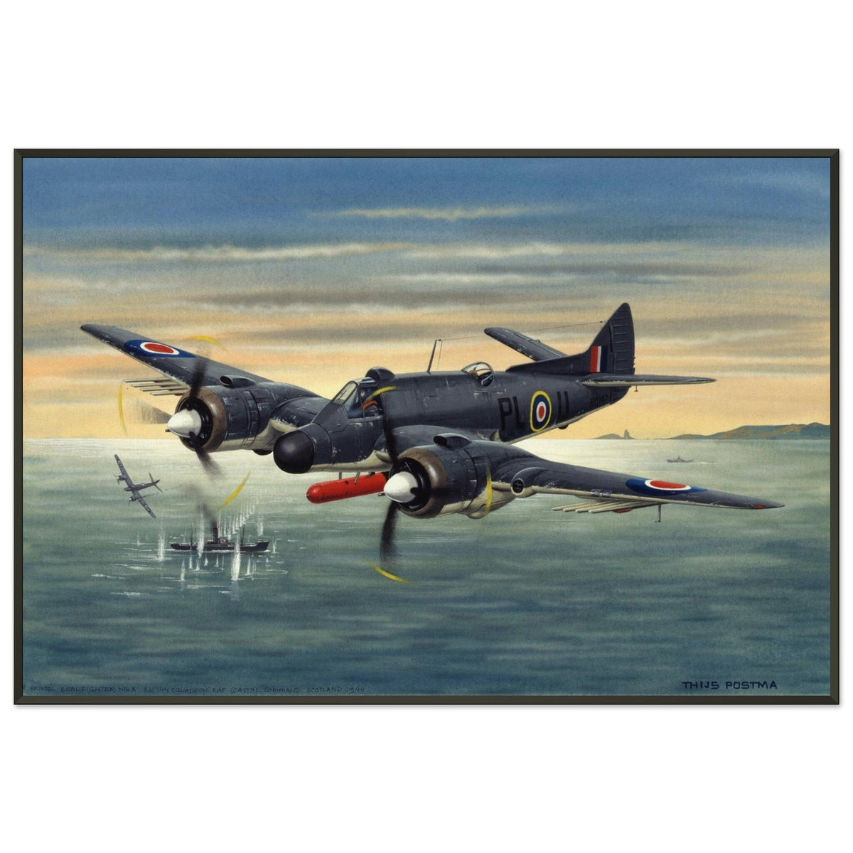 Thijs Postma - Poster - Bristol Beaufighter T.F. Mk.10 Attacking German Ships - Metal Frame Poster - Metal Frame TP Aviation Art 60x90 cm / 24x36″ 